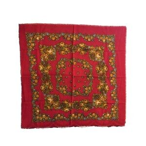 Vintage 90s 1990s Russian Patterned Platki Scarf 100% Wool Red & Brown 35" x 35"